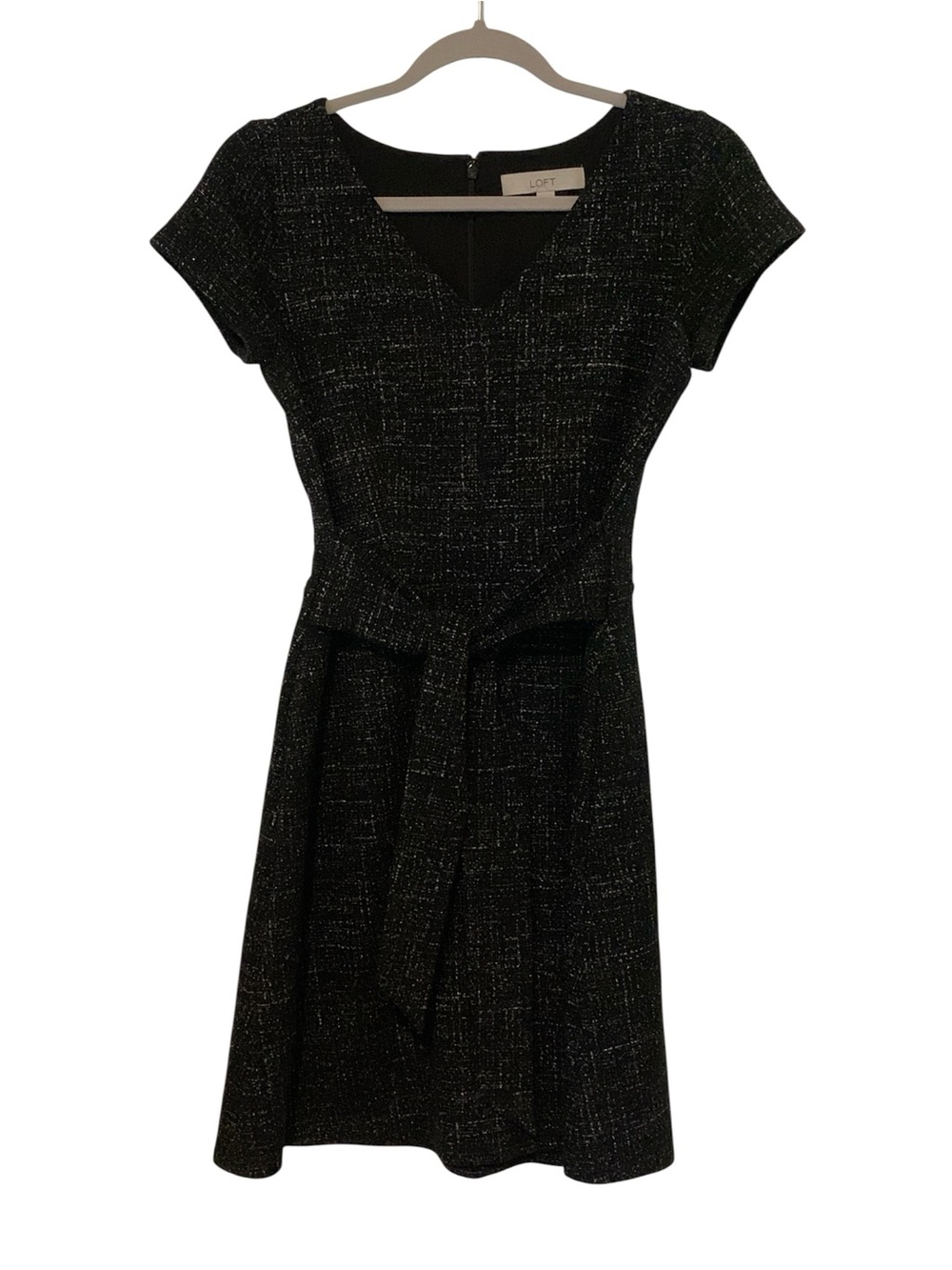 LOFT Black Metallic Tweed Tie-Front Dress V-Neck A-Line Size 0 Pockets